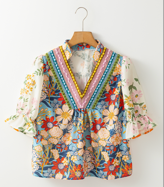 Multicolour Crochet V Neck Half Sleeve Boho Floral Blouse