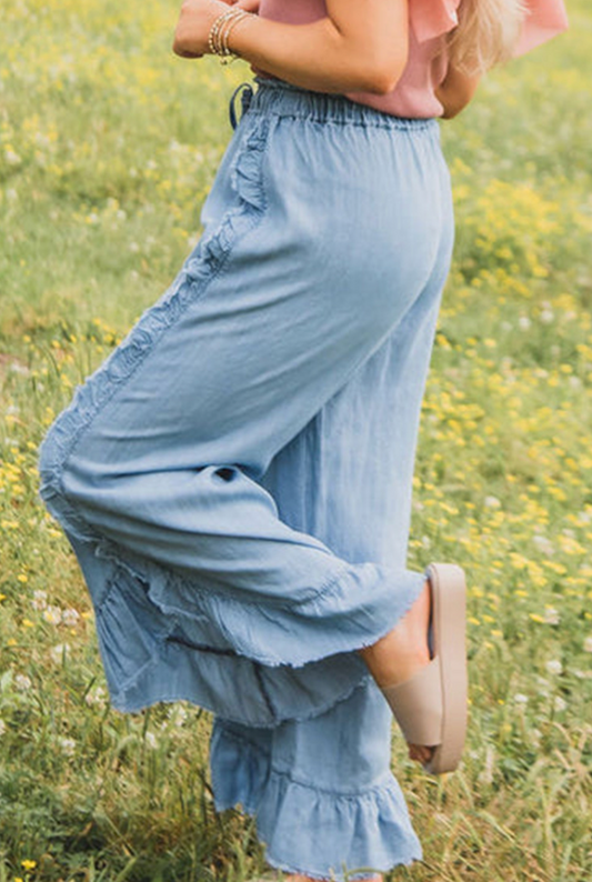 Myosotis Light Wash Raw Hem Ruffled Wide Leg Jeans