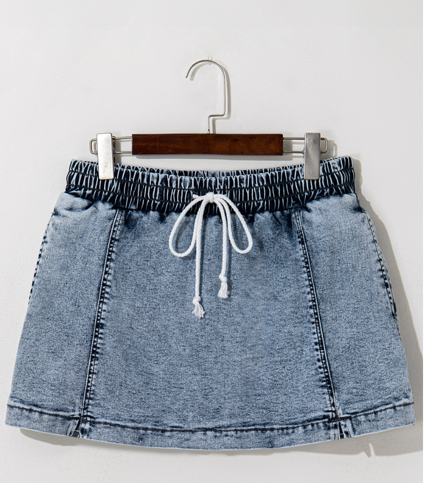 Dusk Blue Drawstring High Waist Pocketed Denim Shorts/Skorts