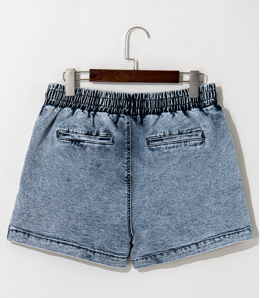Dusk Blue Drawstring High Waist Pocketed Denim Shorts/Skorts
