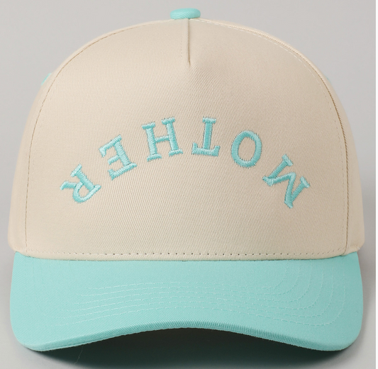 MOTHER Upside Down Lettering Embroidery Cap Pink or Mint Green