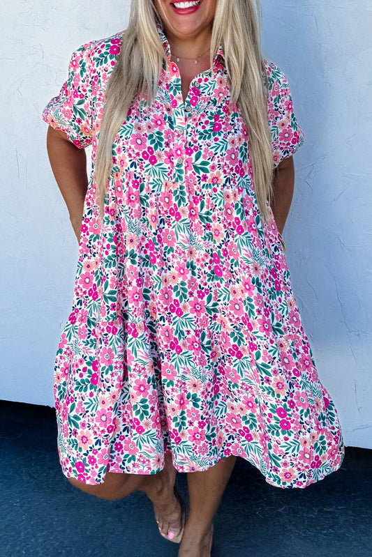 Pink Plus Size Floral Half Button Short Puff Sleeve A-line Dress: Pink / 100%Polyester