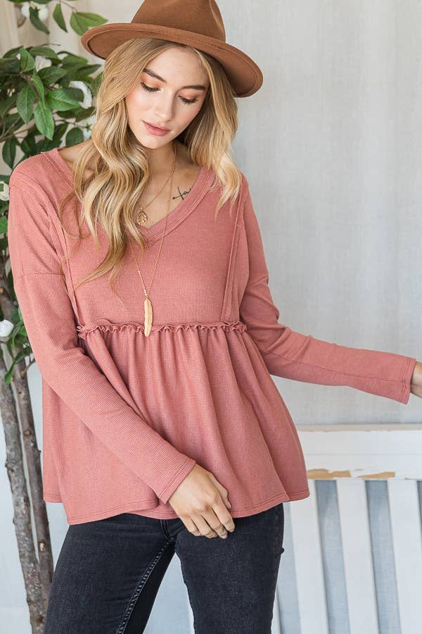 THERMAL VNECK BABYDOLL TOP MARSALA
