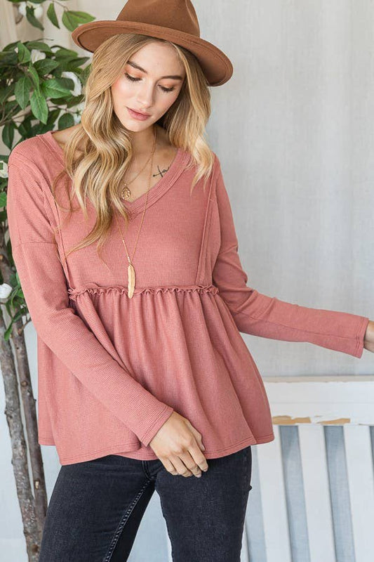 THERMAL VNECK BABYDOLL TOP  MARSALA