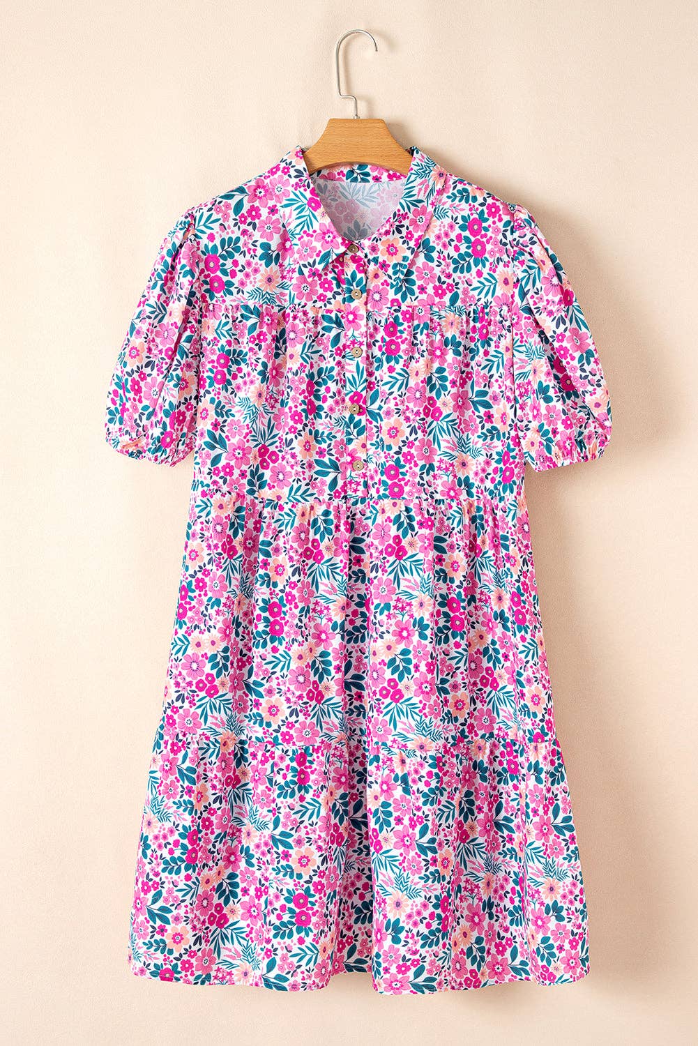 Pink Plus Size Floral Half Button Short Puff Sleeve A-line Dress: Pink / 100%Polyester