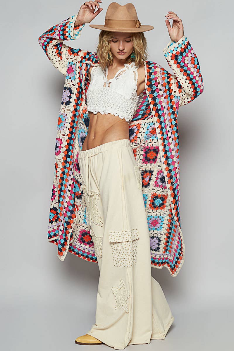 Long sleeve various colors crochet cardigan: BEIGE MULTI / Os