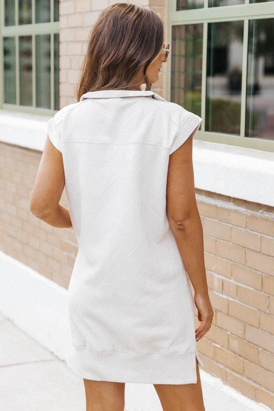 White Textured Half Zip Collared Cap Sleeve Mini Dress: White / 97%Polyester+3%Elastane