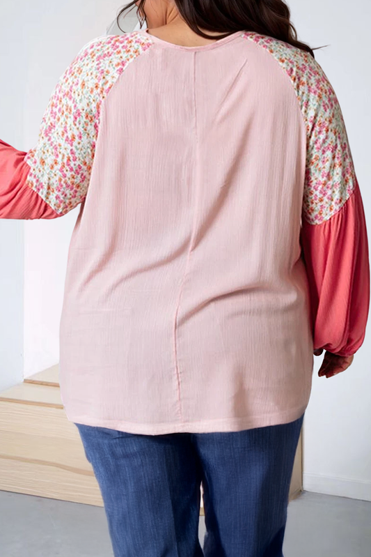 Plus Size Contrast Floral Patchwork Long Sleeve Blouse: Pink / Plus Size