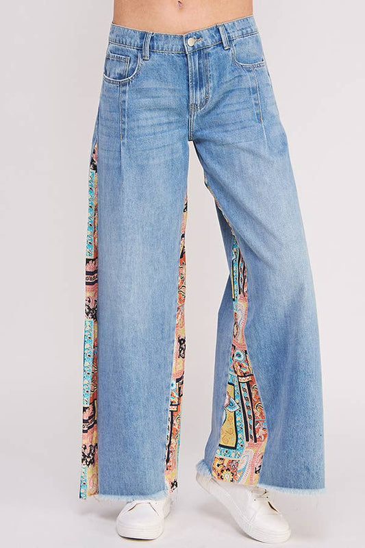 MID RISE PAISLEY PRINT PATCHWORK STRAIGHT LEG PANT: DENIM