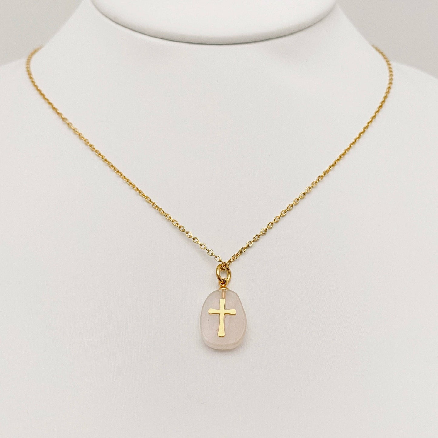 Natural Stone Stainless Steel Cross Pendant Necklace - CS: 3# White