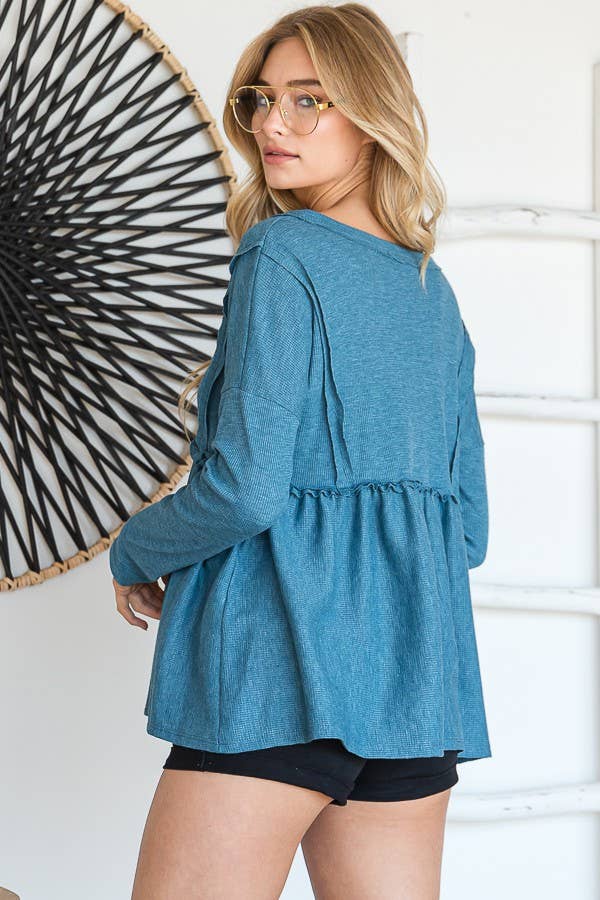 THERMAL VNECK BABYDOLL TOP TEAL BLUE
