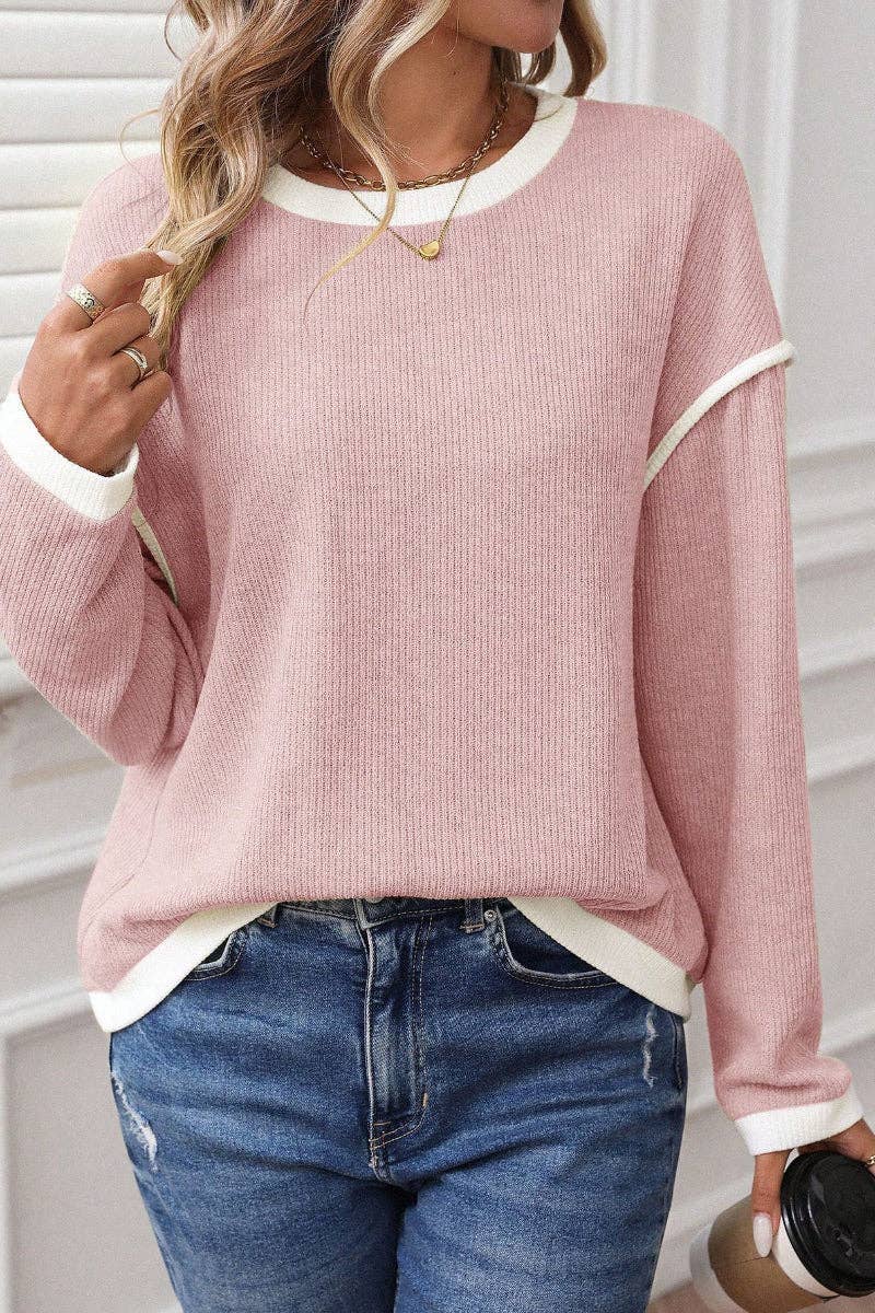 Colorblock Crewneck Knit Look Long Sleeve Pullover Top: Pink / 65%Polyester+30%Viscose+5%Elastane
