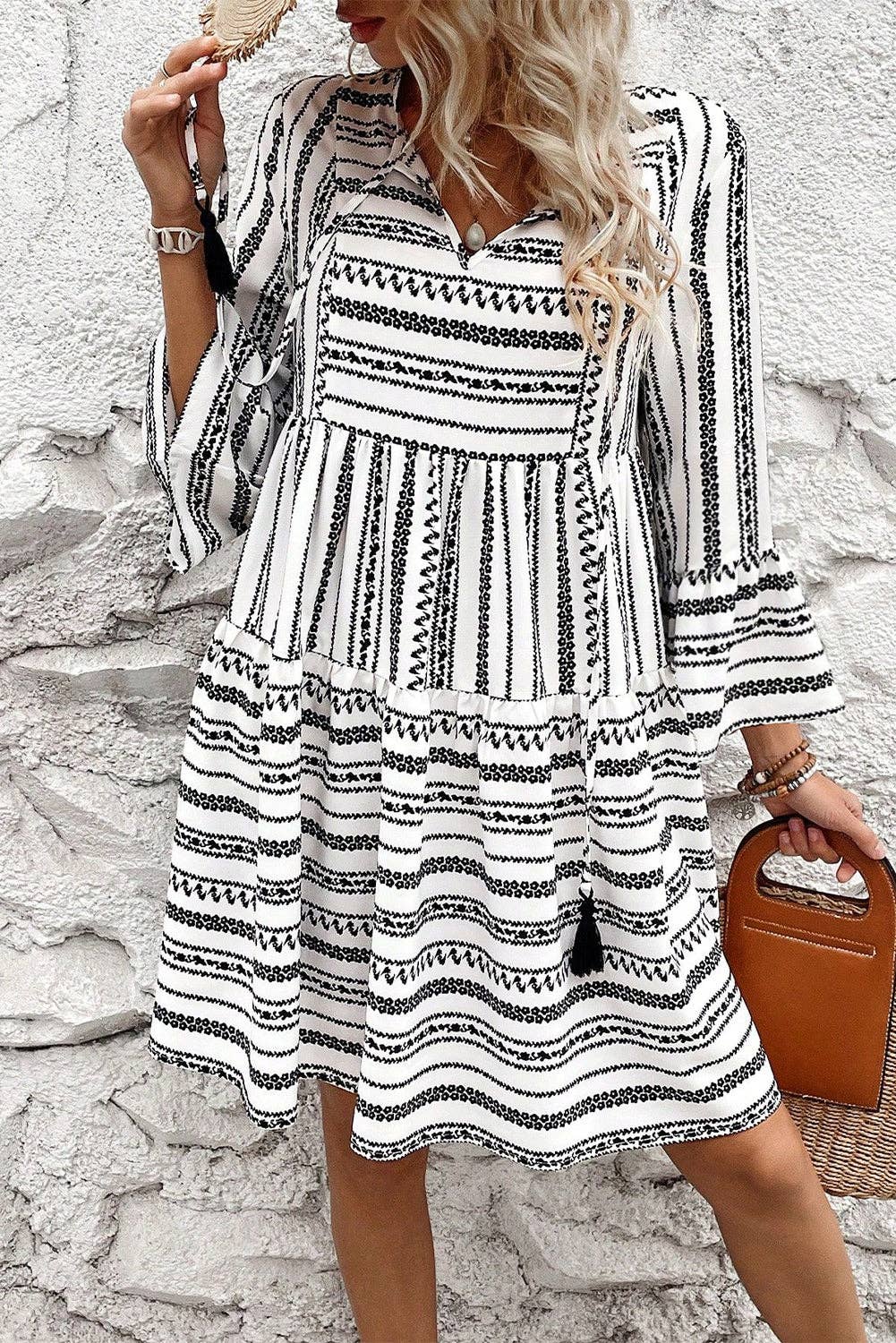 Black Stripe V Neck Bell Sleeve High Waist Mini Dress: Black Stripe / 100%Polyester