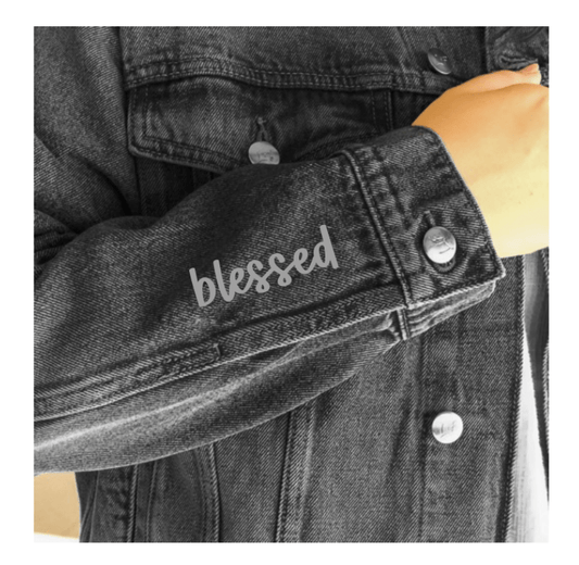 Vintage Washed Embroidered Blessed Denim Jacket: Blue Vintage Wash