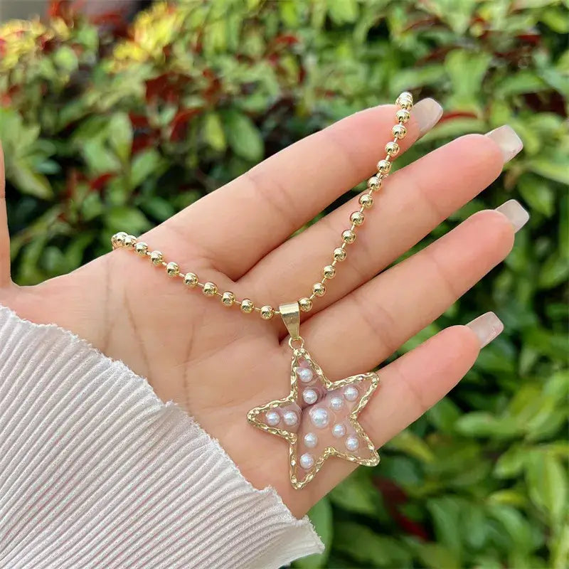 Beaded Necklace with Heart or Star Pendant with Pearls: Large Star