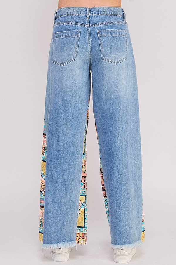 MID RISE PAISLEY PRINT PATCHWORK STRAIGHT LEG PANT: DENIM