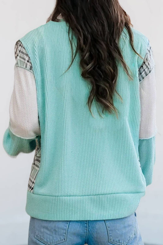 Corded Texture Plaid Colorblock Long Sleeve Top