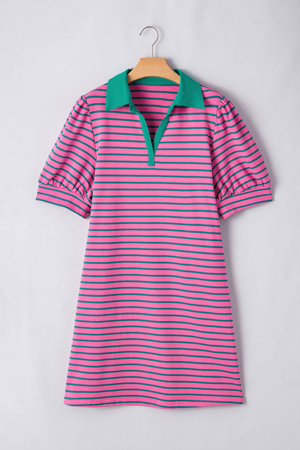 Plus Size Stripe V Neck Puff Sleeve Collared Shirt Dress: Pink / Plus Size