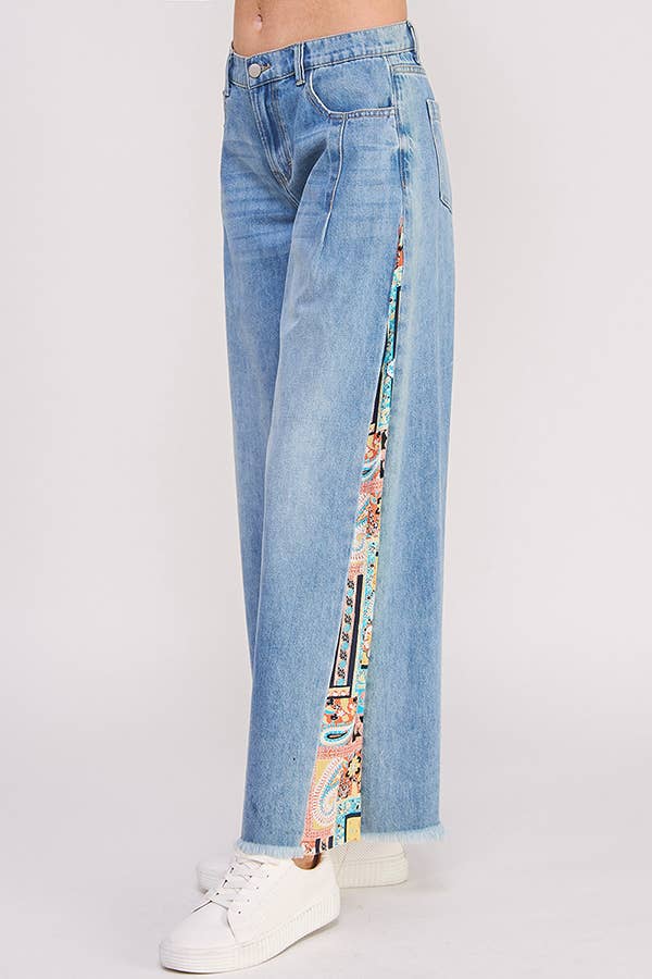 MID RISE PAISLEY PRINT PATCHWORK STRAIGHT LEG PANT: DENIM