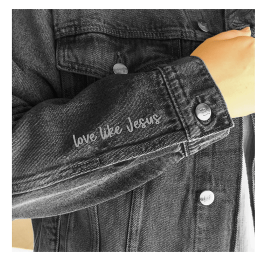 Vintage Washed Embroidered Love Like Jesus Denim Jacket: Blue Vintage Wash / L