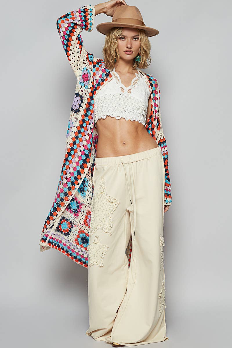 Long sleeve various colors crochet cardigan: BEIGE MULTI / Os