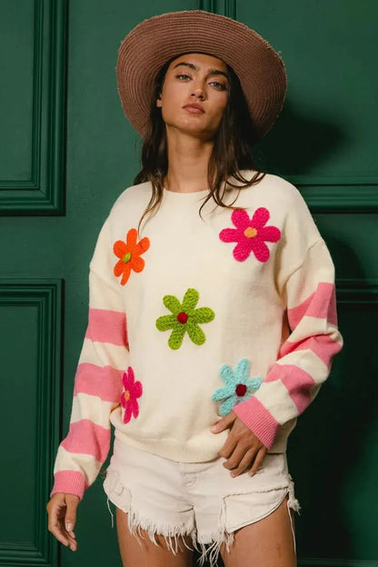 BiBi Colorful Floral Patched Sweater With Striped Sleeves