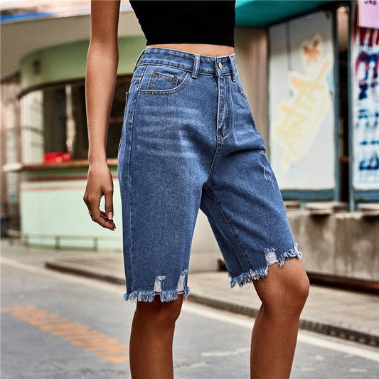 Distressed Denim Shorts With Frayed Hem: NAVY BLUE
