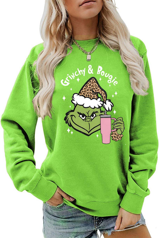 Holiday Grinch& Bougie Graphic Christmas Sweatshirt ZK770: Green
