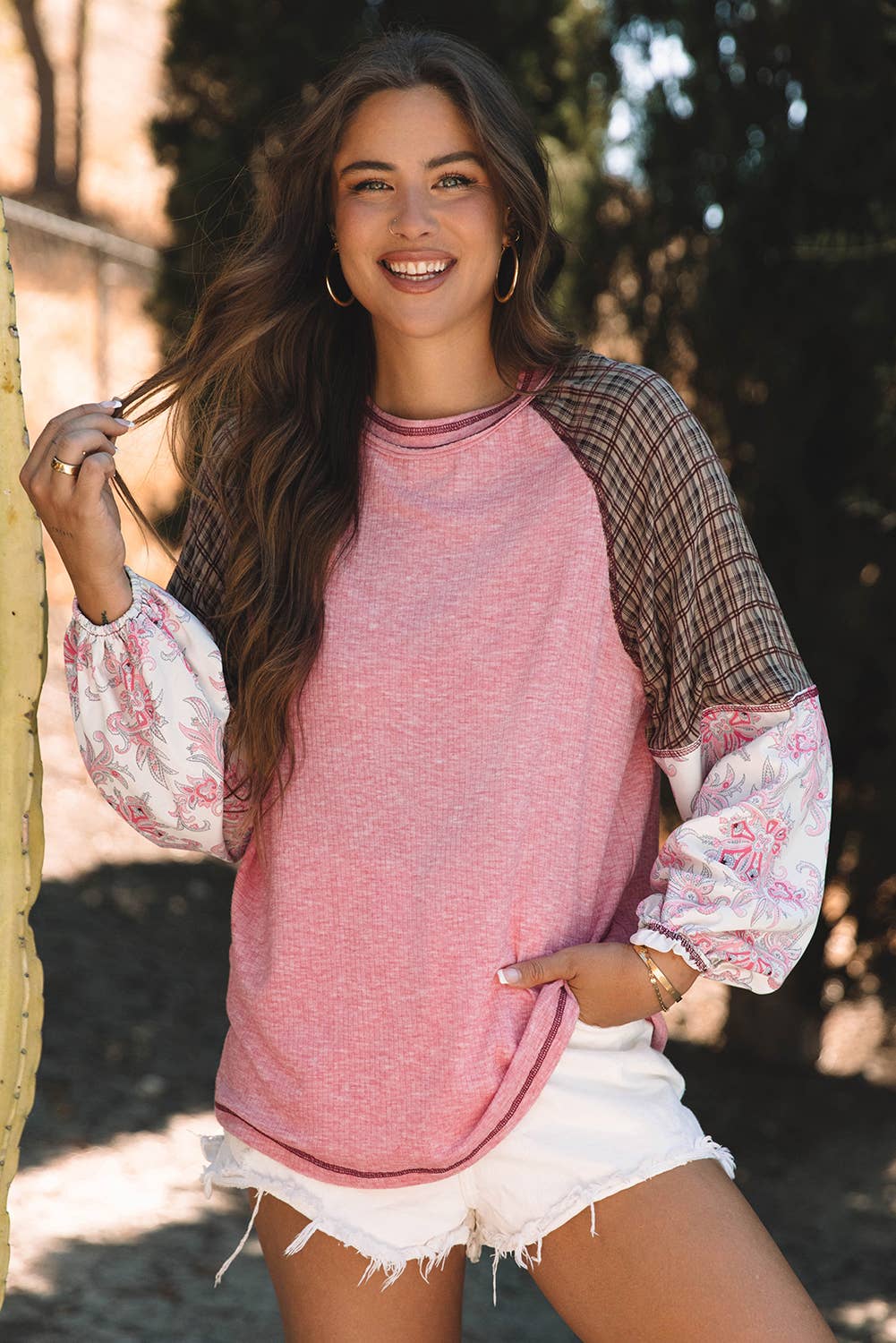 Plaid & Floral Print Ribbed Knit Top | S-2XL: As shown / Missy