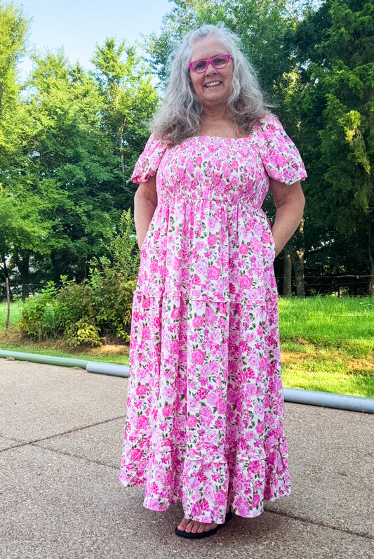Plus Size Floral Smocked Puff Sleeve Long Curvy Dress: Multi-Colored