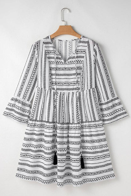 Black Stripe V Neck Bell Sleeve High Waist Mini Dress: Black Stripe / 100%Polyester