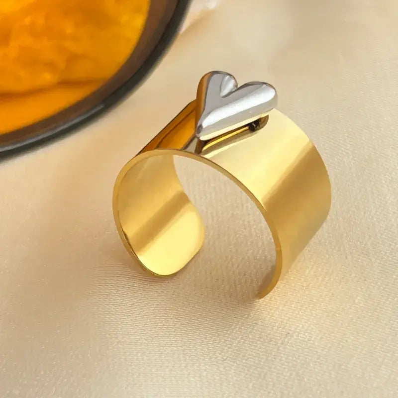 Solid Adjustable Mixed Jewelry Ring Silver and Gold Heart: Yellow Gold