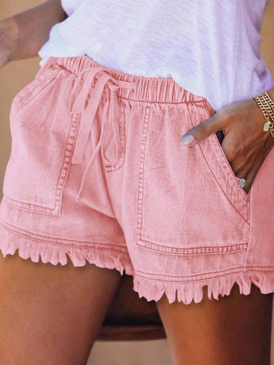 10 Colors Casual Drawstring High Waisted Denim Fringed Shorts: PINK / L
