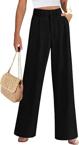 High Waist Wide Leg Trousers with Pockets: Black / 85%Rayon + 15%Linen