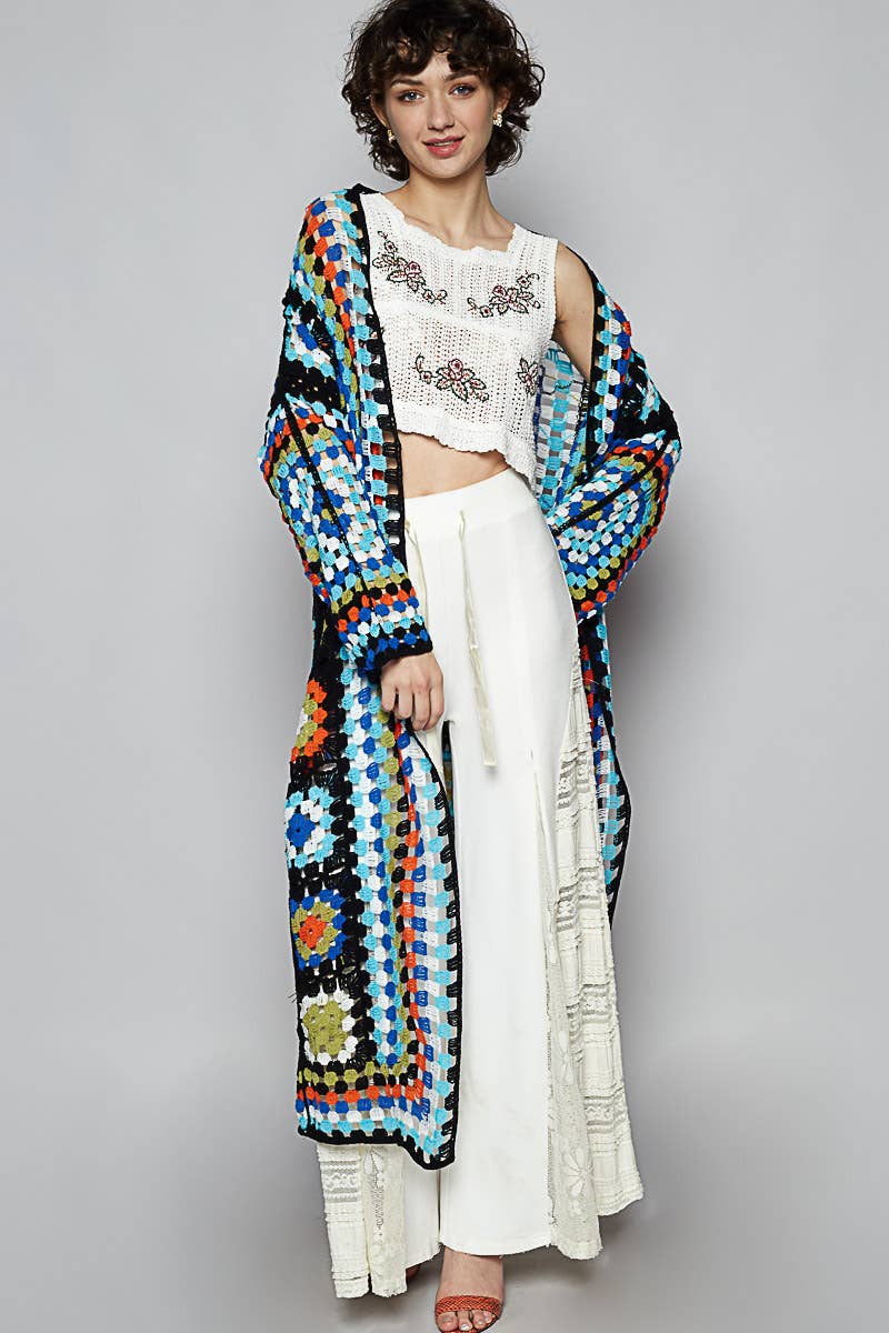 Long sleeve various colors crochet cardigan: BEIGE MULTI / Os