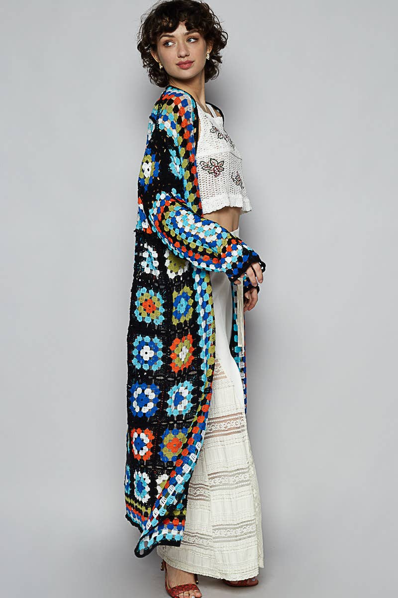 Long sleeve various colors crochet cardigan: BEIGE MULTI / Os