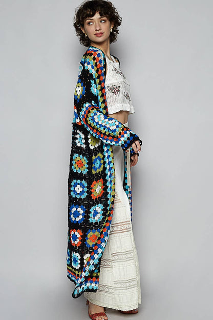 Long sleeve various colors crochet cardigan: BEIGE MULTI / Os