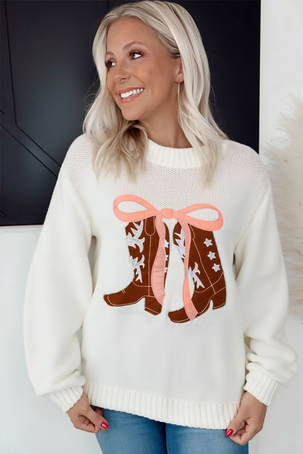 White Embroidered Bow Graphic Drop Shoulder Sweater