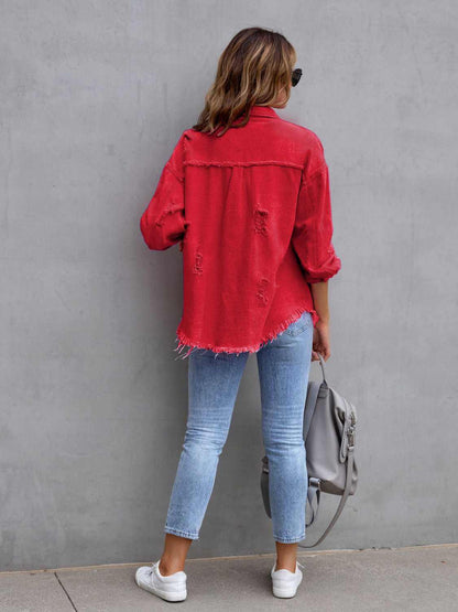 Distressed Drop Shoulder Fringe Denim Jacket Cotton Blend