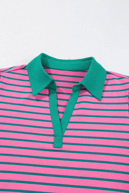 Plus Size Stripe V Neck Puff Sleeve Collared Shirt Dress: Pink / Plus Size