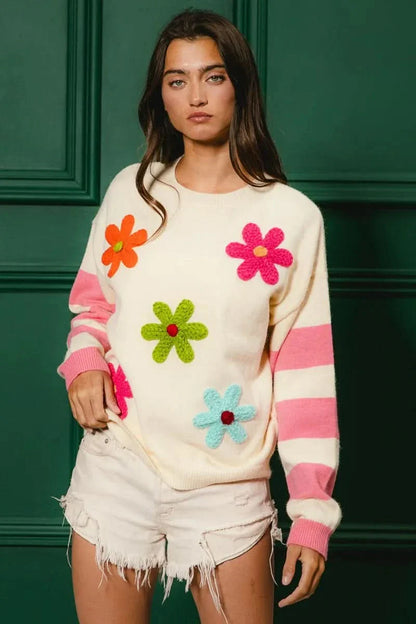 BiBi Colorful Floral Patched Sweater With Striped Sleeves