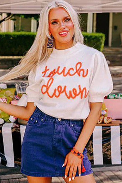 Touchdown Tinsel Puff Short Sleeve Crew Neck Sweater: White / 50%Viscose+28%Polyester+22%Polyamide