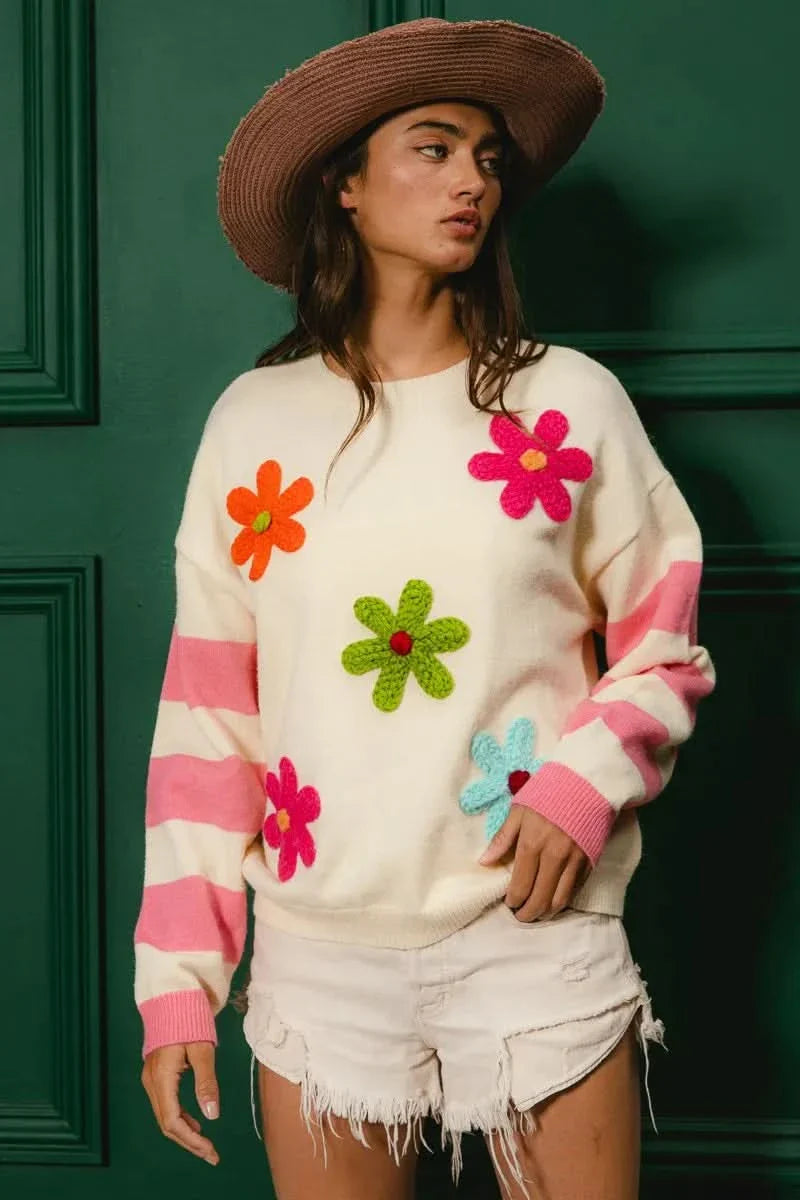 BiBi Colorful Floral Patched Sweater With Striped Sleeves