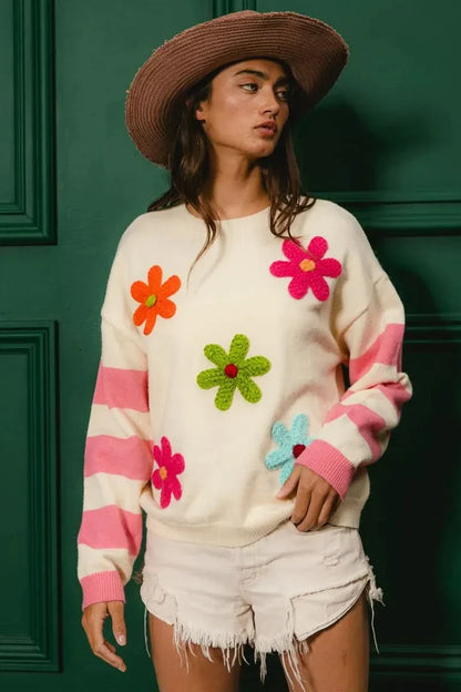 BiBi Colorful Floral Patched Sweater With Striped Sleeves