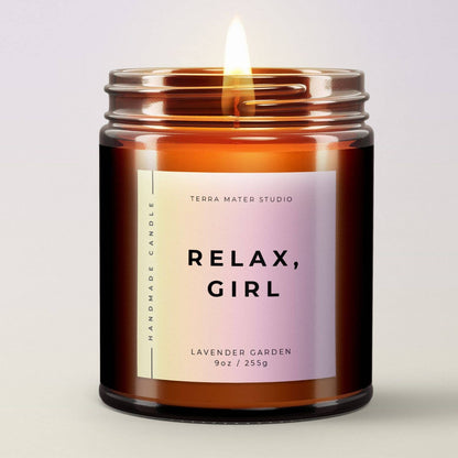 “Relax, Girl” Lavender Garden Soy Candle – Calming Aromatherapy Bliss,  All-Natural Scented Candle: Lavender Garden / 9 oz