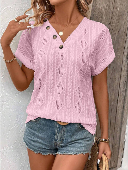 V-neck solid color loose short-sleeved T-shirt: PINK