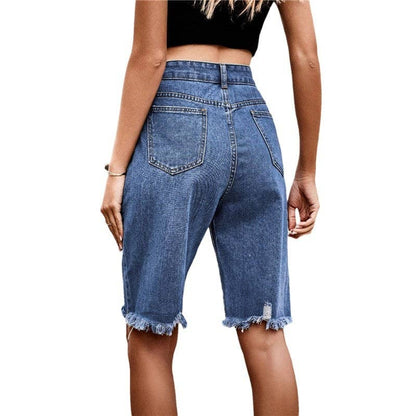 Distressed Denim Shorts With Frayed Hem: NAVY BLUE