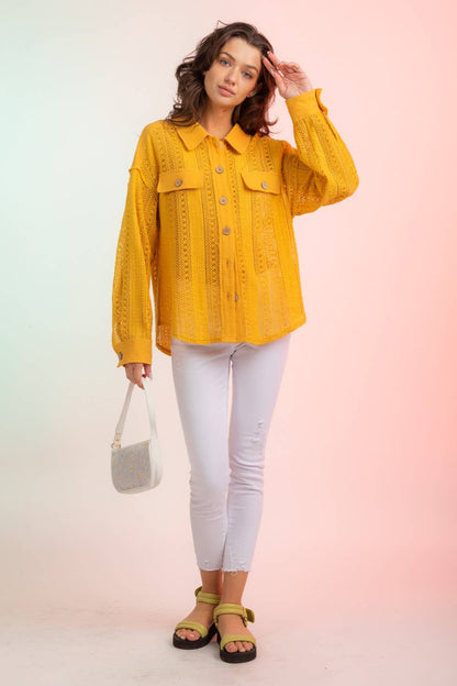 Lace Crochet Button Down Sheer Shacket: YELLOW S-M-L
