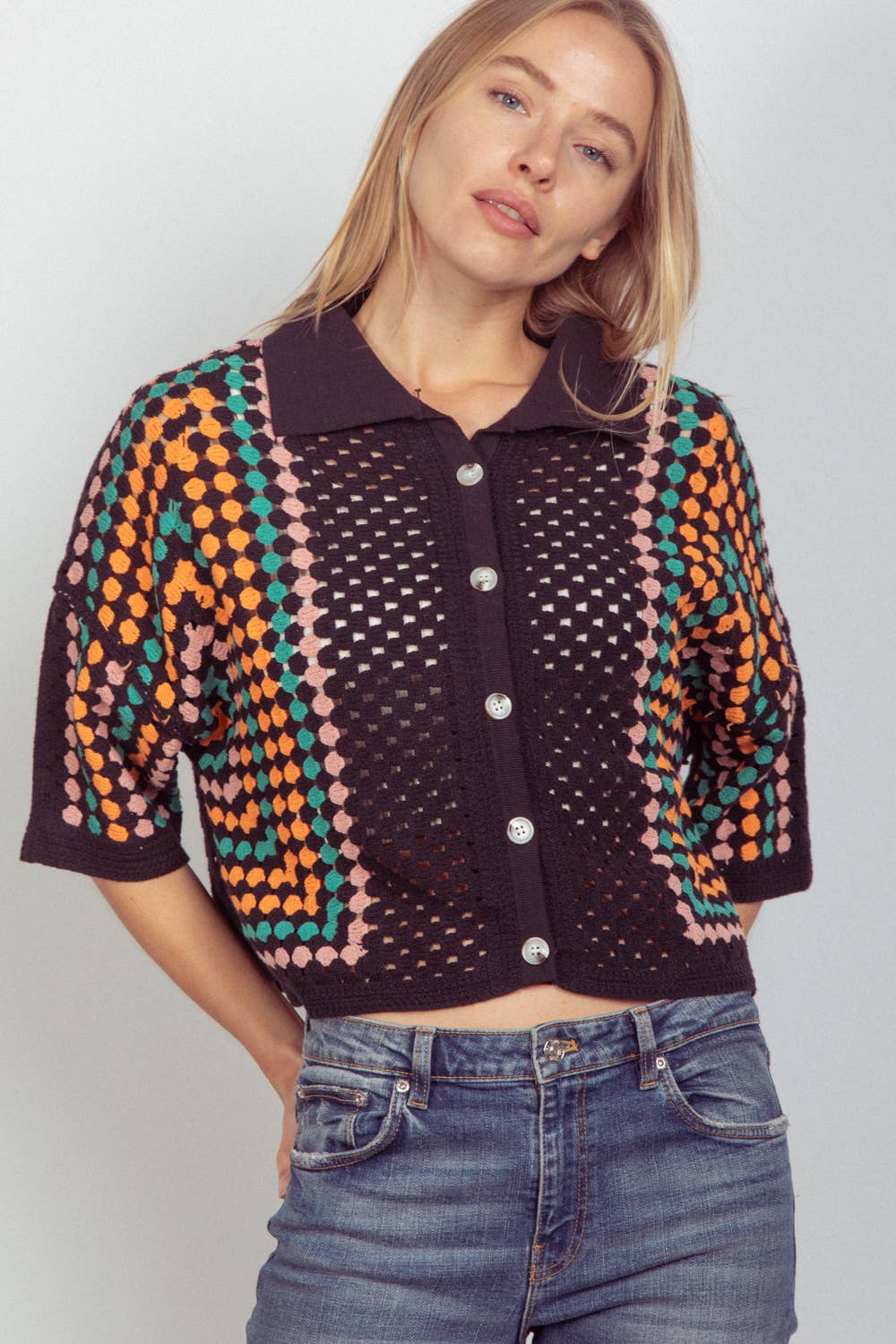 Relaxed Fit Multi Color Crochet Knit Top: Black