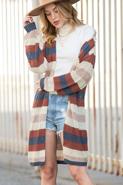 Dark Blue Color Block Striped Cutout Knit Cardigan